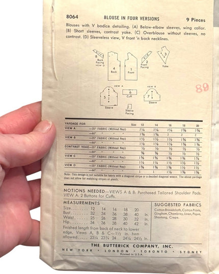 Butterick #8064 Vintage Sewing Pattern B34 SZ14 Blouses C1950s