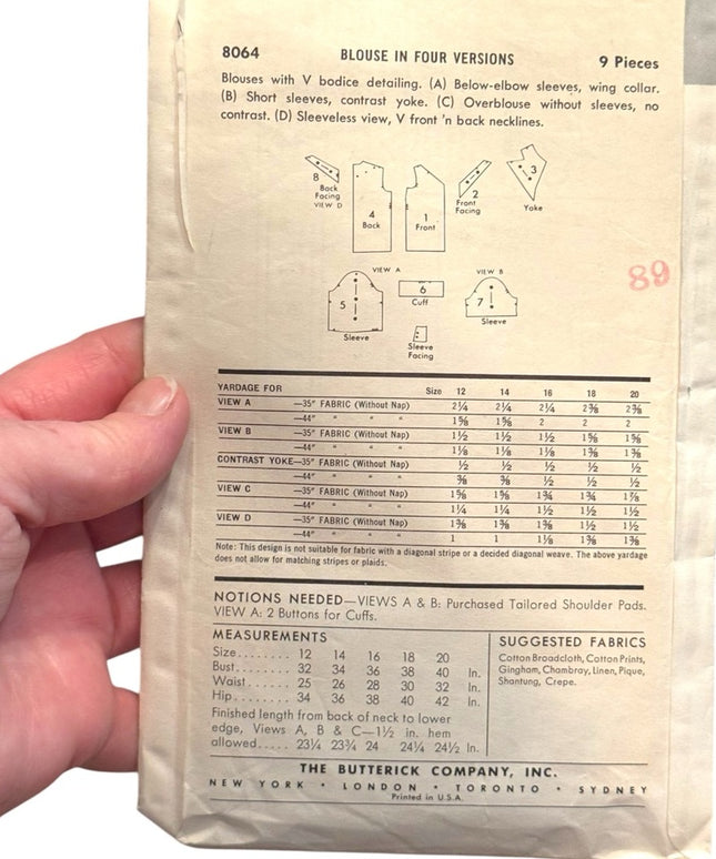 Butterick #8064 Vintage Sewing Pattern B34 SZ14 Blouses C1950s