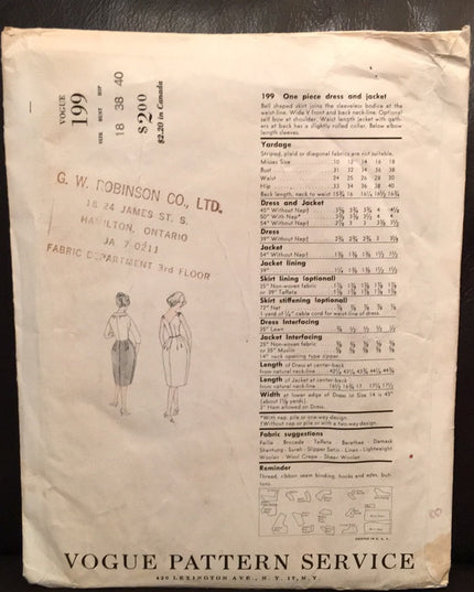 Vintage Vogue #199 Sewing pattern dress & Jacket Sz 18