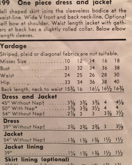 Vintage Vogue #199 Sewing pattern dress & Jacket Sz 18