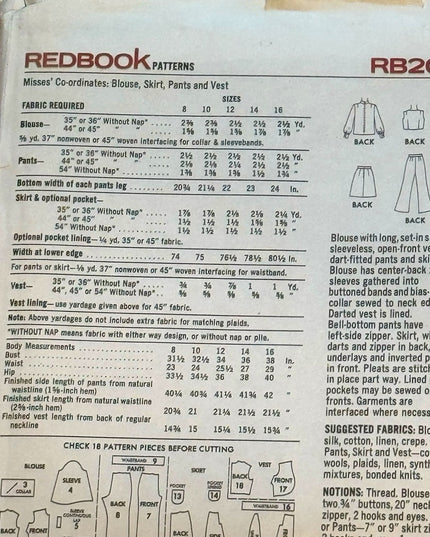 Vintage Redbook RB200 C1970s Sewing Pattern Blouse Skirt Pants Vest UNCUT