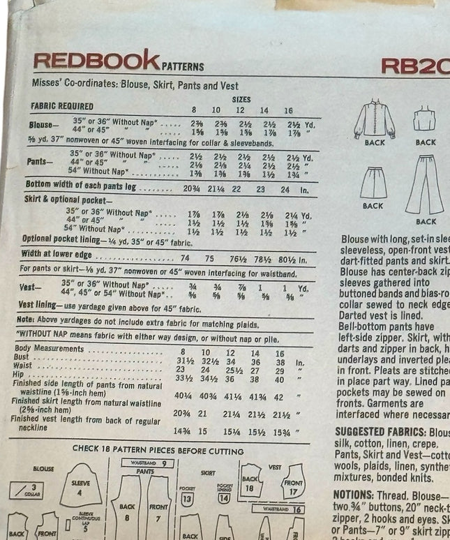 Vintage Redbook RB200 C1970s Sewing Pattern Blouse Skirt Pants Vest UNCUT