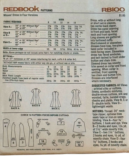 Redbook #RB100 Vintage Dress Pattern 4 Versions UNCUT SZ 12 B34