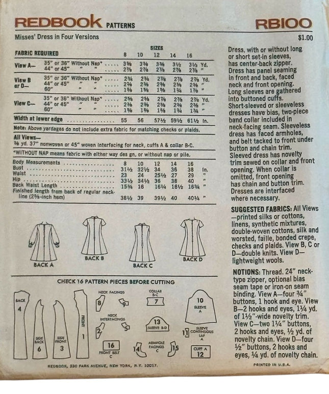 Redbook #RB100 Vintage Dress Pattern 4 Versions UNCUT SZ 12 B34