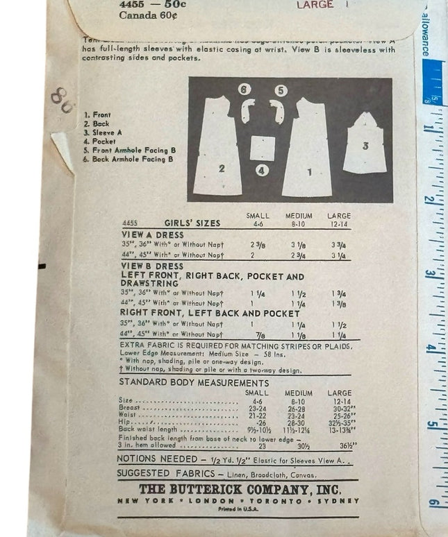 Butterick Vintage Sewing Pattern #4455 - Girls LG Tent Dress EASY UNCUT 1960s