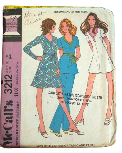 Vintage McCall's Sewing Pattern #3212 SZ12 B34 C1972 Dreas Tunic Pants UNCUT