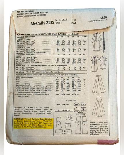 Vintage McCall's Sewing Pattern #3212 SZ12 B34 C1972 Dreas Tunic Pants UNCUT