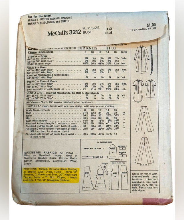 Vintage McCall's Sewing Pattern #3212 SZ12 B34 C1972 Dreas Tunic Pants UNCUT