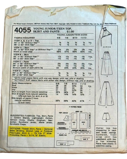 McCall's Vintage #4055 Sewing Pattern Top Skirt Pants C1974 UNCUT