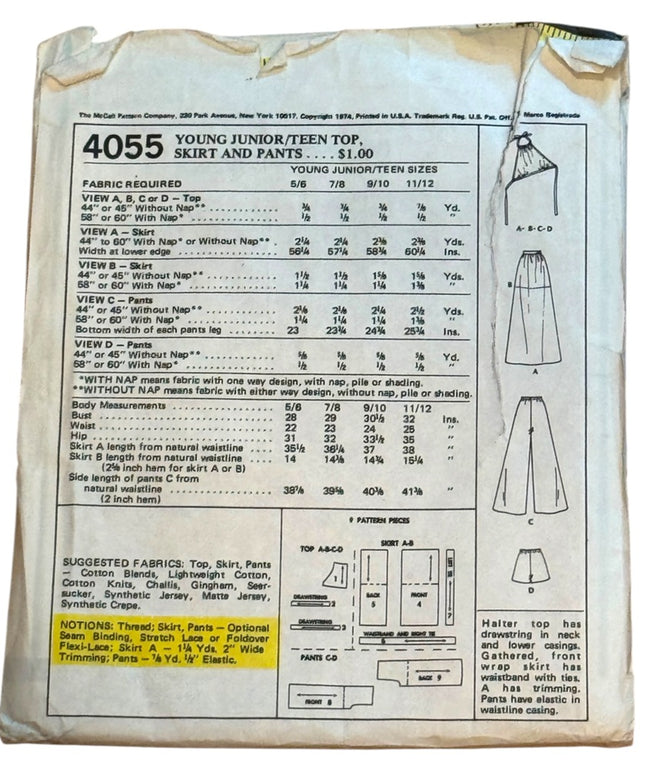 McCall's Vintage #4055 Sewing Pattern Top Skirt Pants C1974 UNCUT