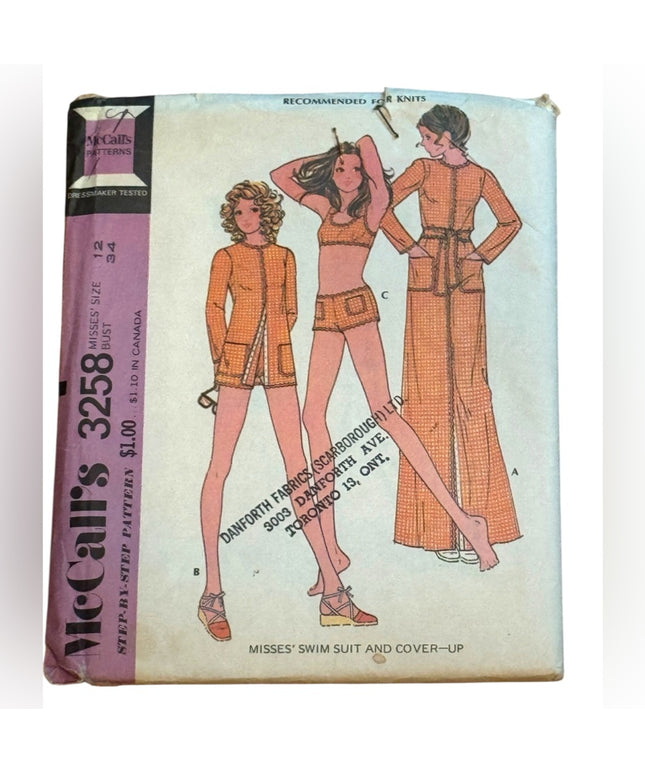 Vintage McCall's 3258 Sewing Pattern Swim Suit & Cover up
SZ 12 B34 UNCUT