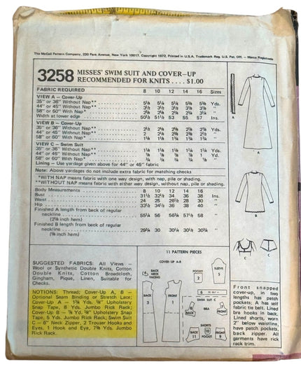 Vintage McCall's 3258 Sewing Pattern Swim Suit & Cover up
SZ 12 B34 UNCUT