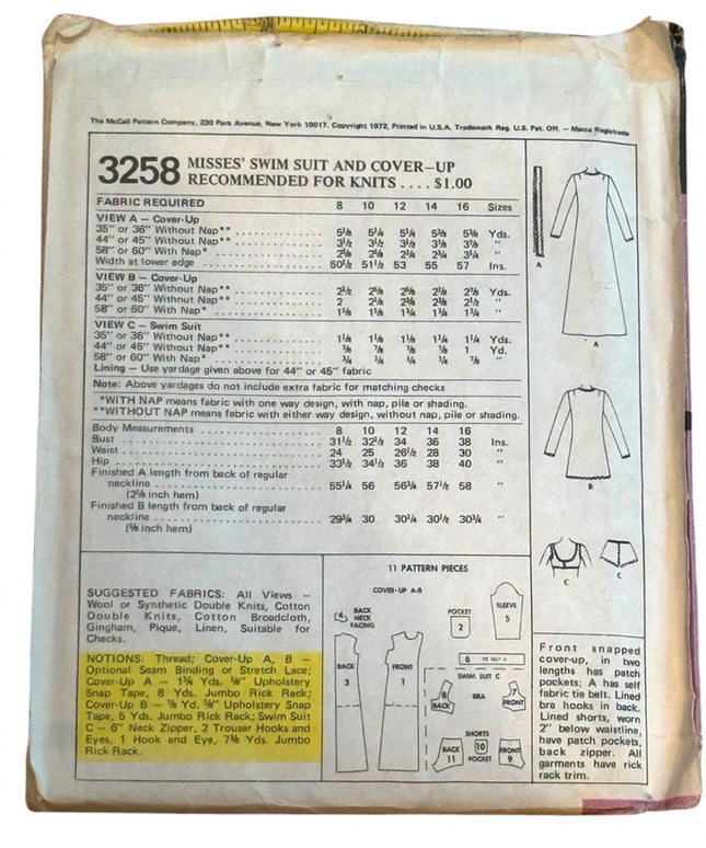 Vintage McCall's 3258 Sewing Pattern Swim Suit & Cover up
SZ 12 B34 UNCUT