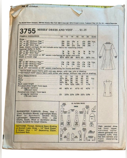 Vintage Mccalls #3755 UNCUT Misses Dress & Vest Sz18 B40 c1973