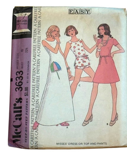 McCall's #3633 Vintage Sewing Pattern Dresses Top Pants SZ10 B32 UNCUT C1973