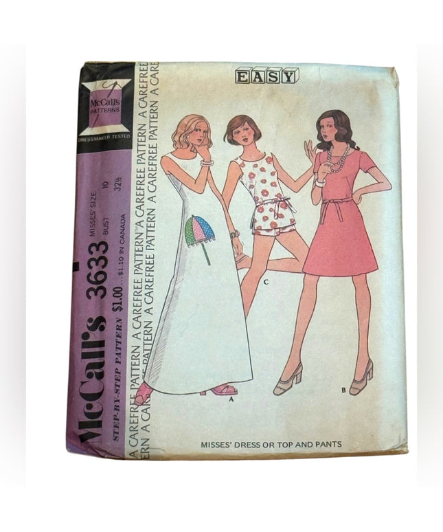 McCall's #3633 Vintage Sewing Pattern Dresses Top Pants SZ10 B32 UNCUT C1973