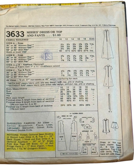 McCall's #3633 Vintage Sewing Pattern Dresses Top Pants SZ10 B32 UNCUT C1973