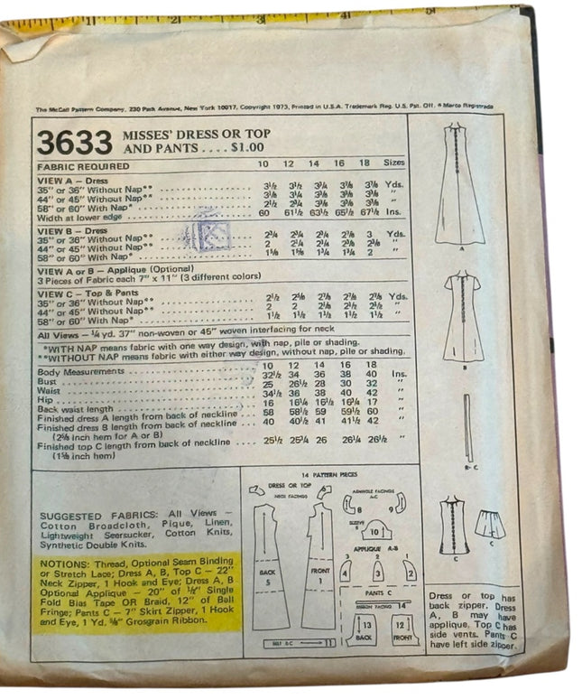 McCall's #3633 Vintage Sewing Pattern Dresses Top Pants SZ10 B32 UNCUT C1973