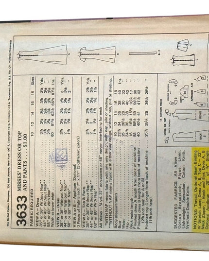 McCall's #3633 Vintage Sewing Pattern Dresses Top Pants SZ10 B32 UNCUT C1973