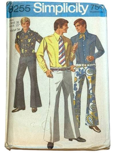 Vintage Simplicity #8255 Men's Retro Bell Bottom  Pants  shirt C1969 UNCUT