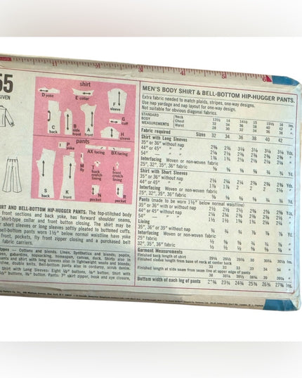 Vintage Simplicity #8255 Men's Retro Bell Bottom  Pants  shirt C1969 UNCUT