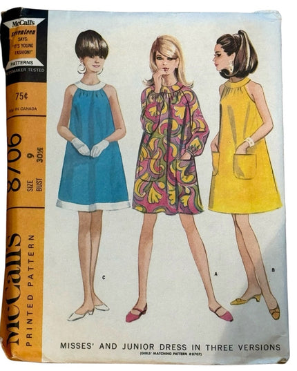 McCall's Vintage #8706 A line Dress Pattern 3 Ver Sz 9 B30 c1967 UNCUT