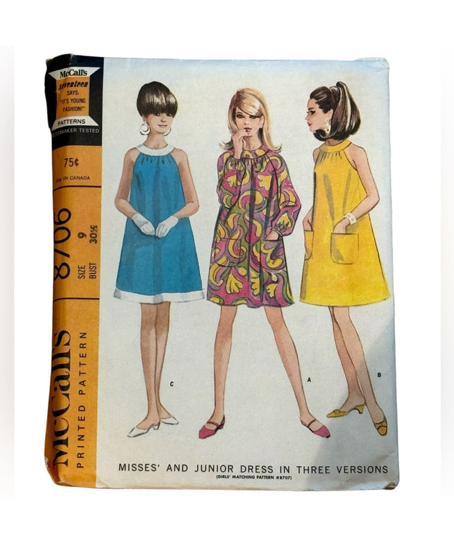 McCall's Vintage #8706 A line Dress Pattern 3 Ver Sz 9 B30 c1967 UNCUT