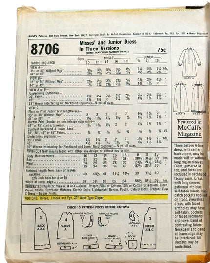 McCall's Vintage #8706 A line Dress Pattern 3 Ver Sz 9 B30 c1967 UNCUT