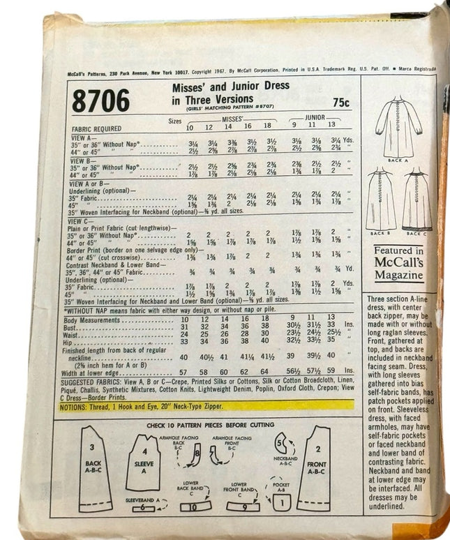 McCall's Vintage #8706 A line Dress Pattern 3 Ver Sz 9 B30 c1967 UNCUT
