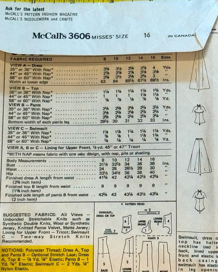 Vintage McCall's Sewing Pattern #3606 SZ16 B38 Swimsuit Dreas Top Pants UNCUT