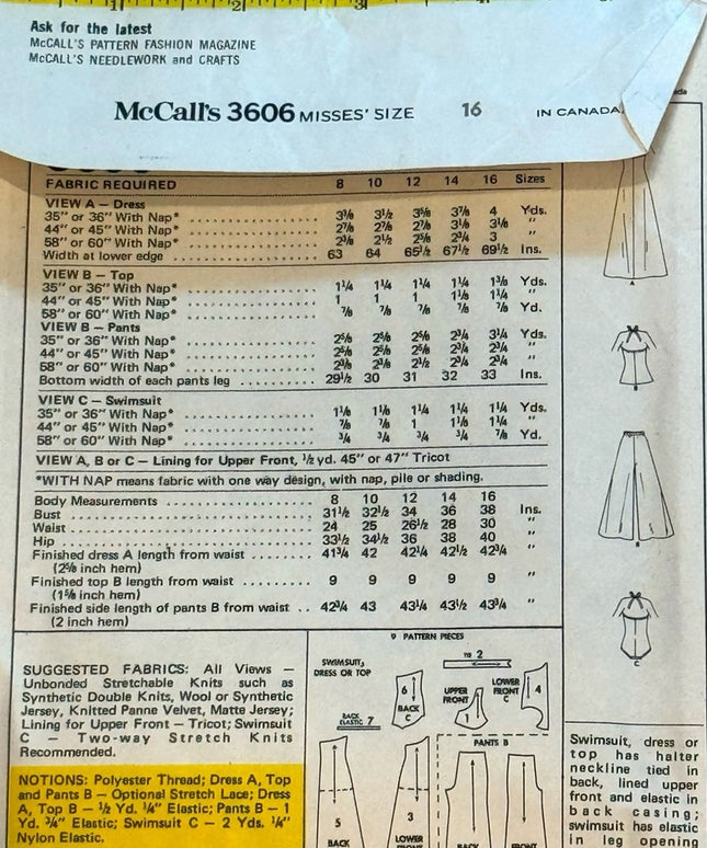 Vintage McCall's Sewing Pattern #3606 SZ16 B38 Swimsuit Dreas Top Pants UNCUT
