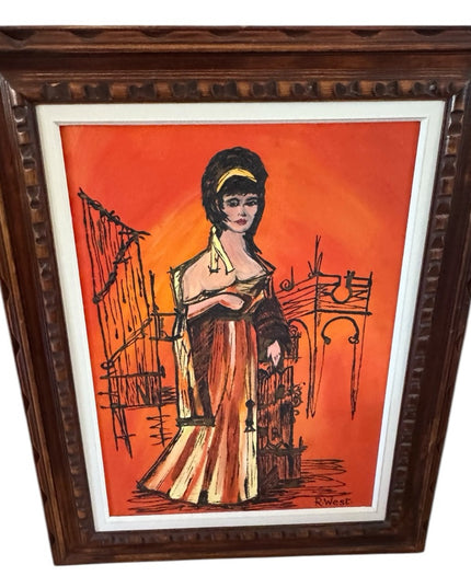 Vintage Mid Century 1950s Portrait Painting with Ornate Frame Lady Castl…