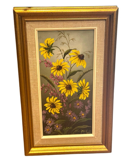 Vintage Signed Acrylic Painting on Boars Floral Yellow Daiseys  Gold Wood Frame