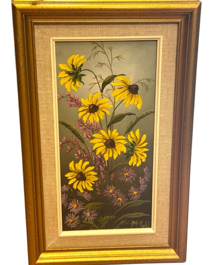 Vintage Signed Acrylic Painting on Boars Floral Yellow Daiseys  Gold Wood Frame