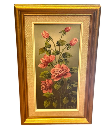 Vintage Signed Acrylic Painting Floral Yellow Pink Roses Gold Wood