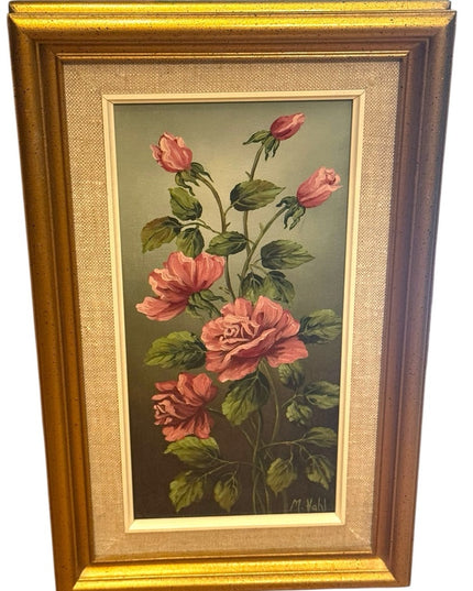 Vintage Signed Acrylic Painting Floral Yellow Pink Roses Gold Wood