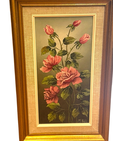 Vintage Signed Acrylic Painting Floral Yellow Pink Roses Gold Wood