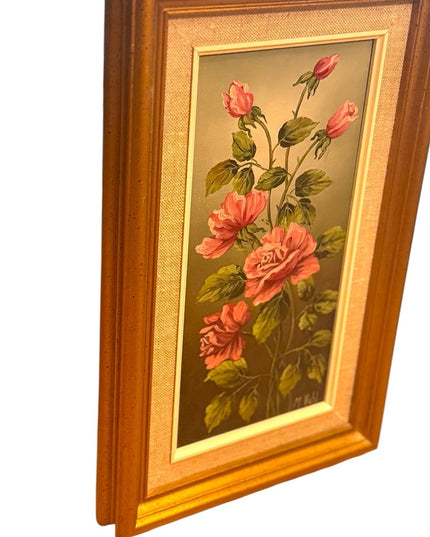 Vintage Signed Acrylic Painting Floral Yellow Pink Roses Gold Wood