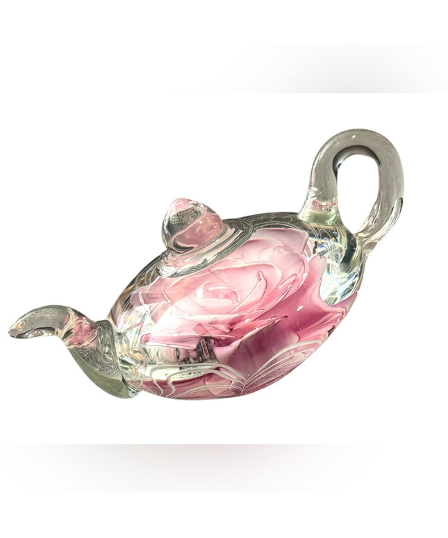 Pink Glass Rose Teapot Paperweight Edinburgh Gallery Heirloom Collection