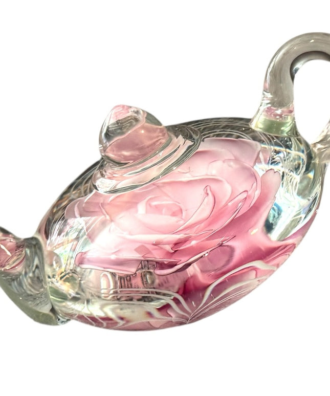 Pink Glass Rose Teapot Paperweight Edinburgh Gallery Heirloom Collection