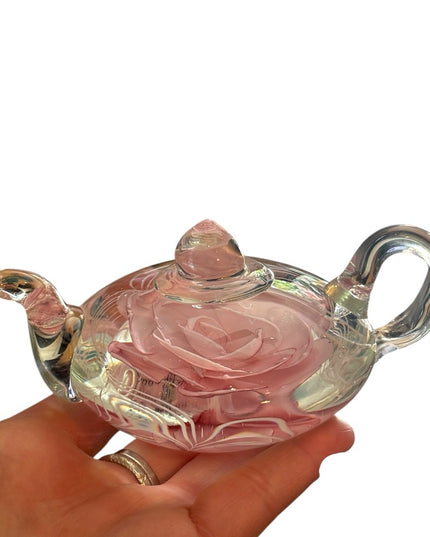 Pink Glass Rose Teapot Paperweight Edinburgh Gallery Heirloom Collection