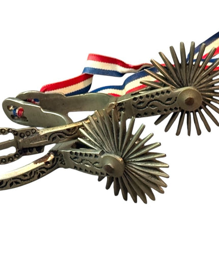 Rare Metal Spurs Ribbon Large Vintage CATRON Chilean Huasos Cowboy Spurs