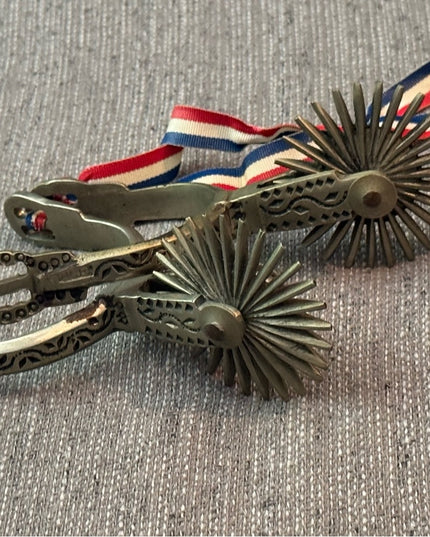 Rare Metal Spurs Ribbon Large Vintage CATRON Chilean Huasos Cowboy Spurs
