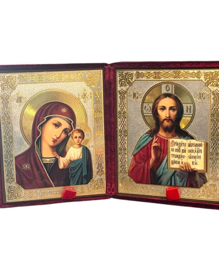 Christ Teacher and Virgin of Kazan Orthodox Icon In Velvet Case Russian Diptych