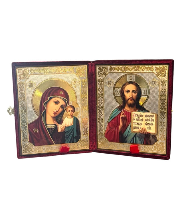 Christ Teacher and Virgin of Kazan Orthodox Icon In Velvet Case Russian Diptych