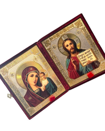 Christ Teacher and Virgin of Kazan Orthodox Icon In Velvet Case Russian Diptych