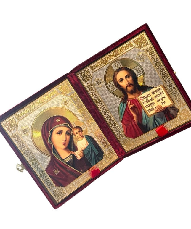 Christ Teacher and Virgin of Kazan Orthodox Icon In Velvet Case Russian Diptych