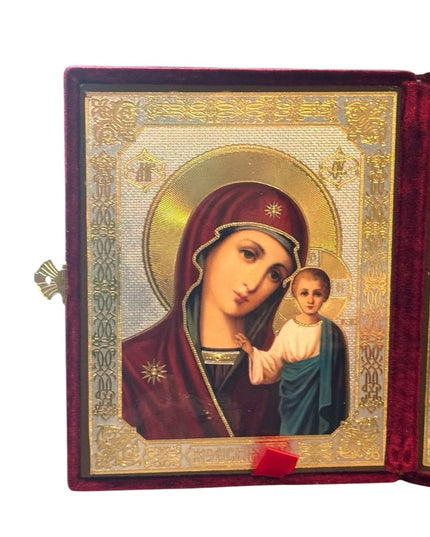 Christ Teacher and Virgin of Kazan Orthodox Icon In Velvet Case Russian Diptych