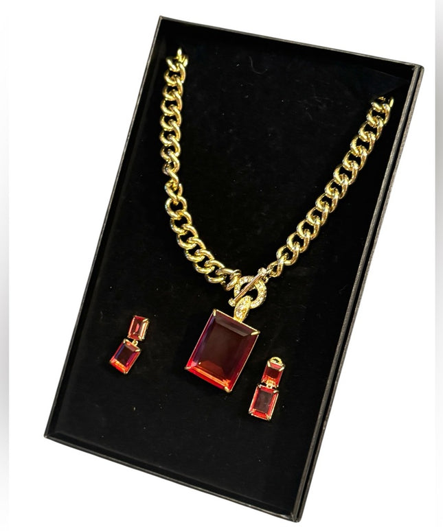 Heidi Daus HOT ROCKS Necklace & Earrings NIB Red Elegant Gold Pave Jewelry NEW