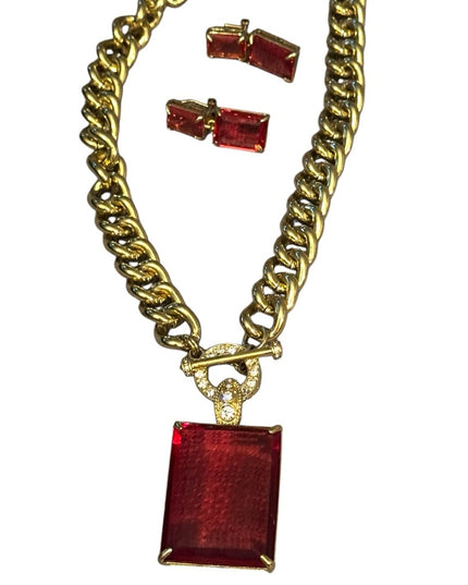 Heidi Daus HOT ROCKS Necklace & Earrings NIB Red Elegant Gold Pave Jewelry NEW